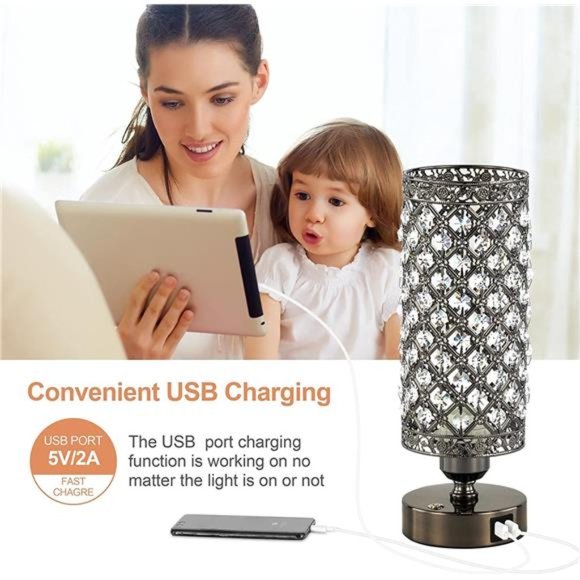Crystal Bedside Black Table Lamp 3 Color Options Lamps for Bedroom Modern USB - Picture 2 of 7